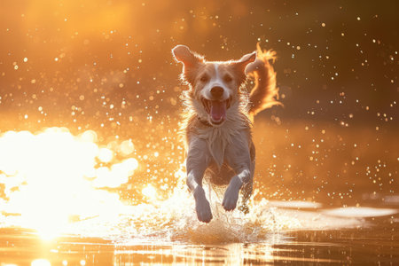Active brown dog happily runs and jumps on the waterの素材