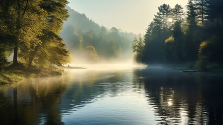 beautiful landscape, light haze over the river, trees reflected in the water, morning sunlightの素材
