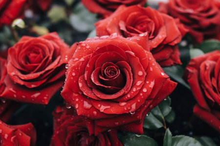 Close-up of red rose and bud growing outdoors. Red roses bloom in the summer in the country garden. Beautiful red rose flower. Background. Roses close-up in garden.の素材
