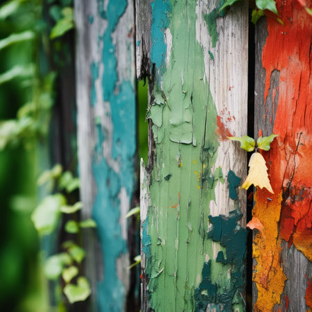 Colorful craquelure of the delaminated paint on wooden door background. Wooden texture background with old paint peels. Weathered wood. Cracked old paint with several layers. Shabby wooden wall.の素材