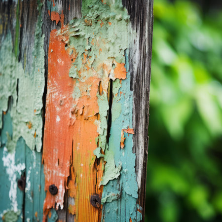 Colorful craquelure of the delaminated paint on wooden door background. Wooden texture background with old paint peels. Weathered wood. Cracked old paint with several layers. Shabby wooden wall.の素材