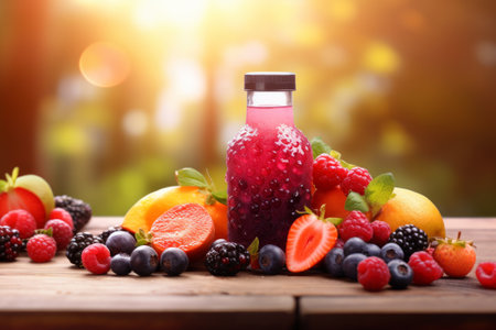 Berry blend bottled juice with fresh fruits on wooden table 3d illustrationの素材