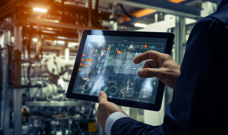 Engineer hand using tablet with machine real time monitoring system software. Automation robot arm machine in smart factory automotive industrial Industry 4th iot, digital manufacturing operation.の素材