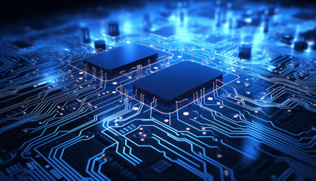 close up of a microchip circuit interior of a computer with neon lights in detail, circuit boardの素材
