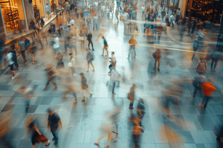 a crowd of anonymous blurred pedestrians walking along the sidewalk of a big cityの素材