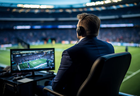 a sports analyst sits with his back behind the monitor, with a stadium football field in the backgroundの素材