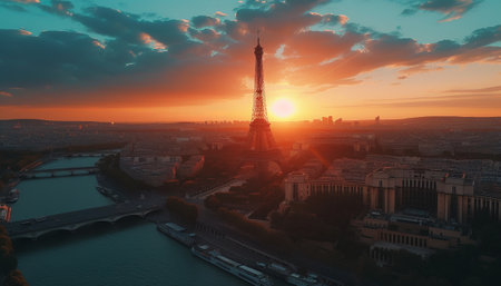 aerial view of a city similar to evening paris and light eiffel tower, sunset sky, artificial intelligence generationの素材