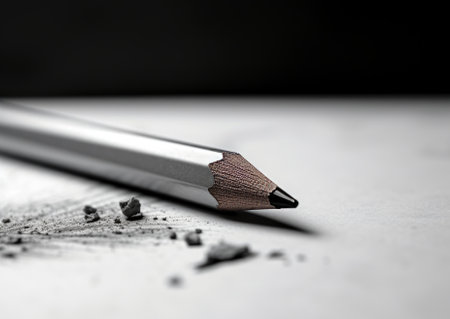 close-up of a pencil lying on a piece of paperの素材