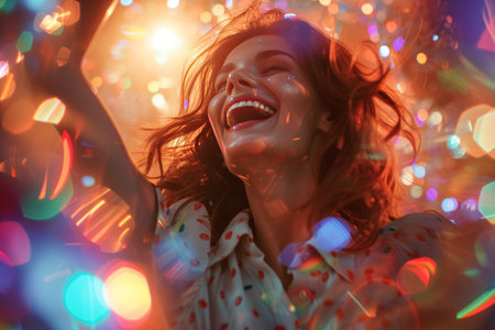 Happy woman, dance and party in nightclub with friends, social event and new year concert. Dancing group, women and disco celebration with music, night life and crowd for energy, smile and happinessの素材