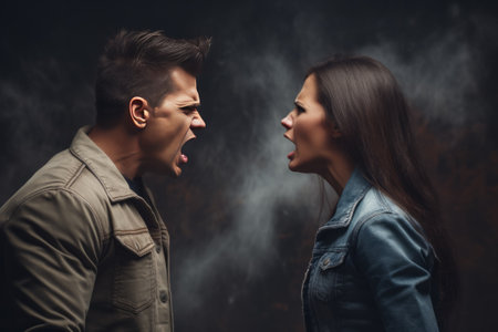 a portrait of a man and a woman shouting at each other but not hearing each other. Social problems, conflict of characters, quarrel. People don't want to hear each otherの素材