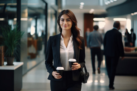 A business woman in a business suit walks through the office of a business center with a tray of coffee in his handの素材