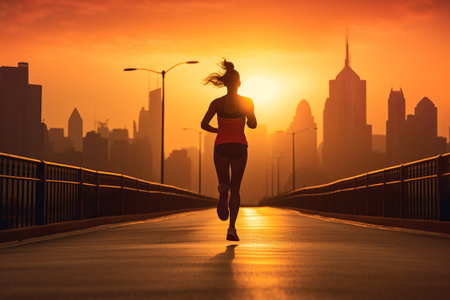 young woman jogging in the city at sunset. Healthy lifestyle conceptの素材