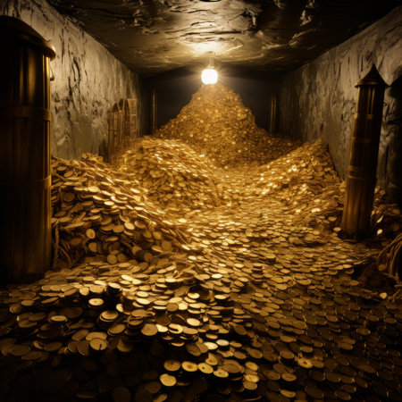 Sparkling golden coins stacks, business finance wealth and success conceptの素材