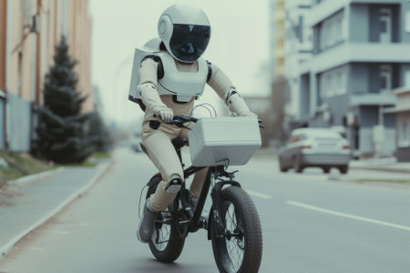 delivery courier on a futuristic electric motorcycle. concept of future deliveryの素材