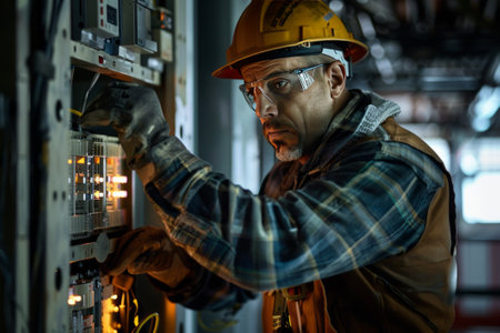 adult electrician builder engineer in protective gear working on fuse boxの素材