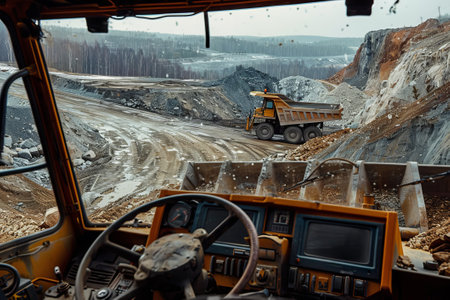 view of the quarry from the cabin of a mining dump truck, granite mining in a quarryの素材