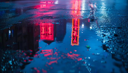 dark city street with colorful neon lights, reflection in puddles and water, rainy foggy weatherの素材