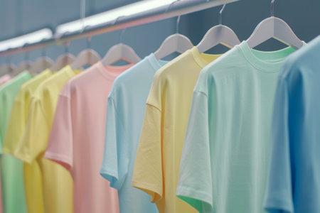 sort of T Shirts are hanging on the Clothes Hanger , Colorful T Shirtの素材