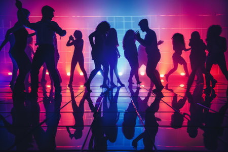 Silhouetted concert crowd rejoices under vibrant stage lights at music festivalの素材