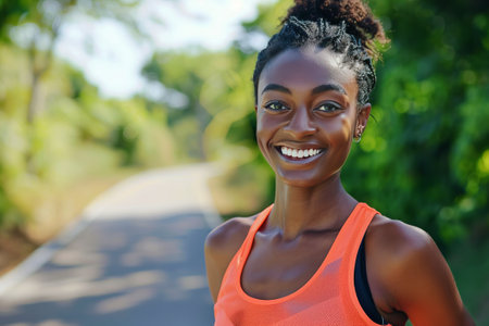 healthy beautiful black woman with a smile runs a marathon, with blurred runners in the backgroundの素材