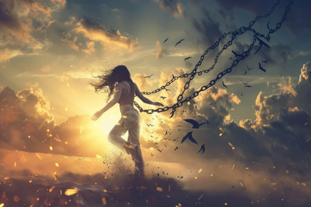 Man with broken chains at the time of the sunriseの素材