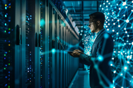 Laptop, network and data center with a man it support engineer working in a server room. Computer, cybersecurity and analytics with a programmer problem solving or troubleshootingの素材