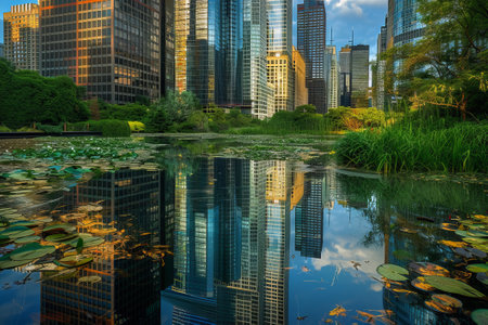 Chicago, Illinois skyscrapers and pond viewの素材