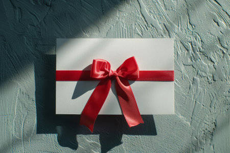 Blank white gift card with red ribbon bow isolated on white background with shadowの素材
