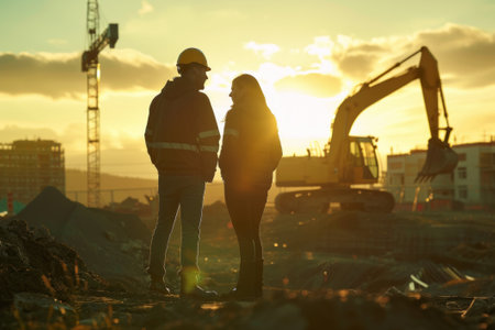 man and woman workers talking on a construction site, an excavator illuminated by the evening sun is walking behind themの素材