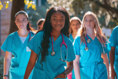 Diverse team of medical students young women in scrubs walk together on a university hospital campusの素材