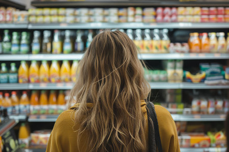 back view of young woman looking at bottle of juice in grocery storeの素材