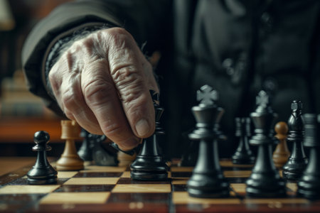 Close up hand Chess business concept. Businessman moving chess piece on chess board game for ideas and competition and strategy, business success concept, business competition concept.の素材