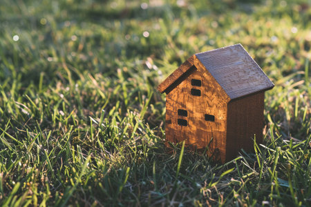 little toy house placed on a lush green lawn, with the sun shiningの素材