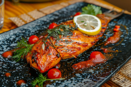a beautiful dish of fried red fish fillet, seasoned with sauce, herbs and lemonの素材