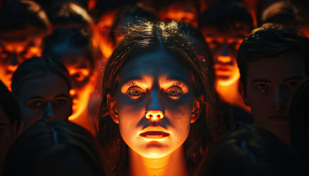 illuminated attractive woman's face stands out from a crowd of anonymous people in the shadowsの素材