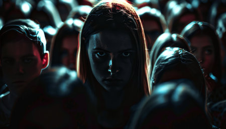 illuminated attractive woman's face stands out from a crowd of anonymous people in the shadowsの素材