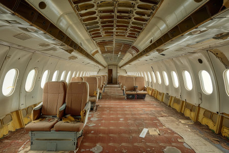 Interior of empty modern aircraft with flight seats and hallway in daytimeの素材