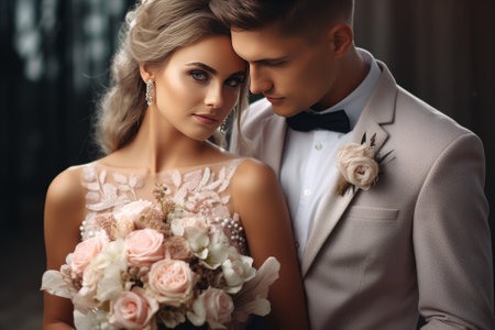 bride and groom wedding couple with a bouquet of light rose and white color flowersの素材