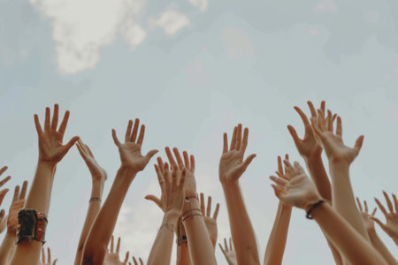 Closeup of people hands united together in the airの素材