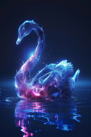 digital swan made of glowing 3d triangular polygonsの素材