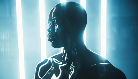 futuristic glowing man with backlight on glossy reflective surfaceの素材