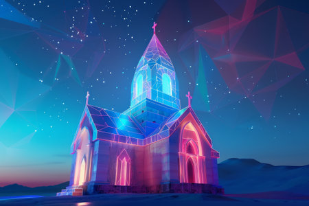 digital church made of glowing 3d triangular polygonsの素材