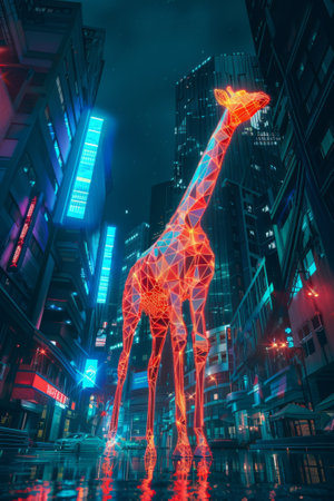 digital glowing giraffe made of 3d triangular polygons among city skyscrapersの素材