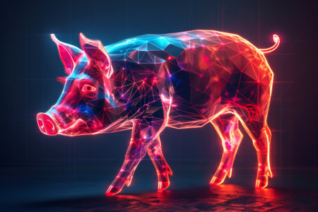 digital glowing pig made of 3d triangular polygonsの素材