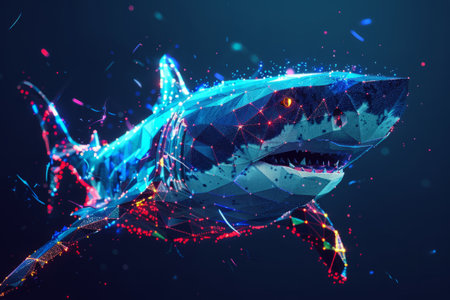 digital glowing shark made of 3d triangular polygonsの素材