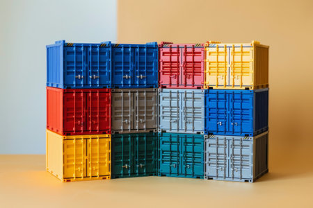 multicolored toy cargo container boxes in lego styleの素材