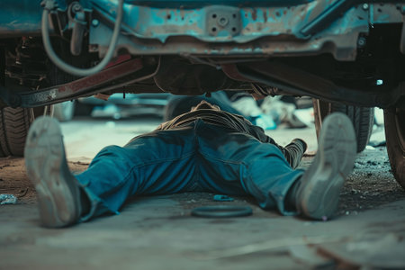 Male car mechanic worker working using wrench tool for repair, maintenance underneath car. Mechanic vehicle service checking under car in garage. Auto car repair service, maintenance concept.の素材