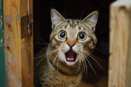 An insanely surprised cat makes big eyes and opens its mouth wideの素材