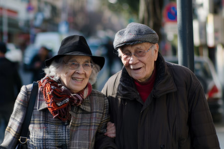 cute elderly man and woman walking down the street, supporting each otherの素材