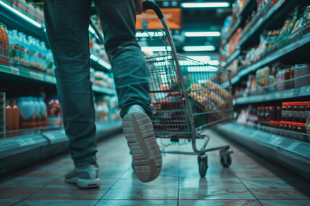 close up of legs of man pushing grocery cart through supermarketの素材